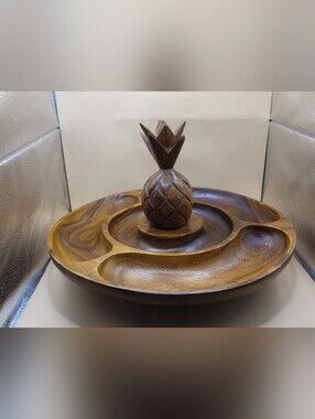 Vintage Wood Pineapple Lazy Susan Divided Serving Tray Handmade READ